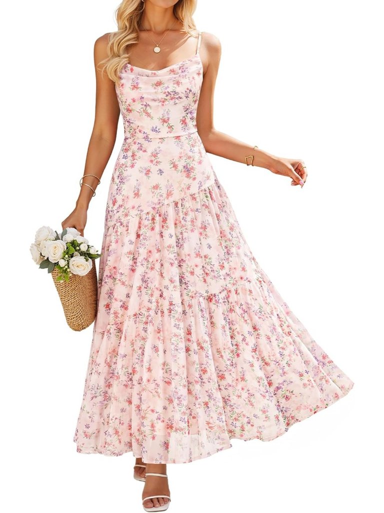 Women's Apricot Boho Floral Sleeveless Maxi Mesh Strap Flowy Beach Dress